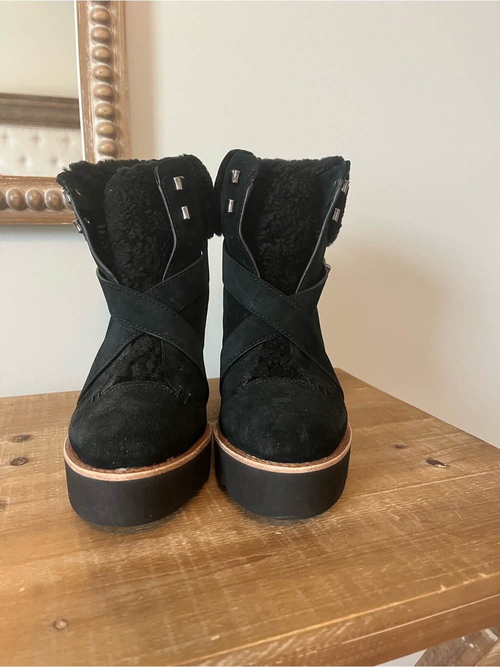 Coach Black Suede Wedge Ankle Boots with Shearling Cuff - Picture 2 of 4
